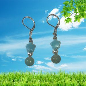 👽👽 Blue Abstract Object And Green Jade Handcrafted Earrings W/ 925 Hooks